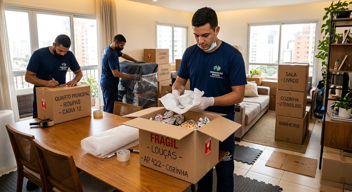 Equipe de mudança embalando itens frágeis com cuidado dentro de um apartamento brasileiro, com caixas identificadas