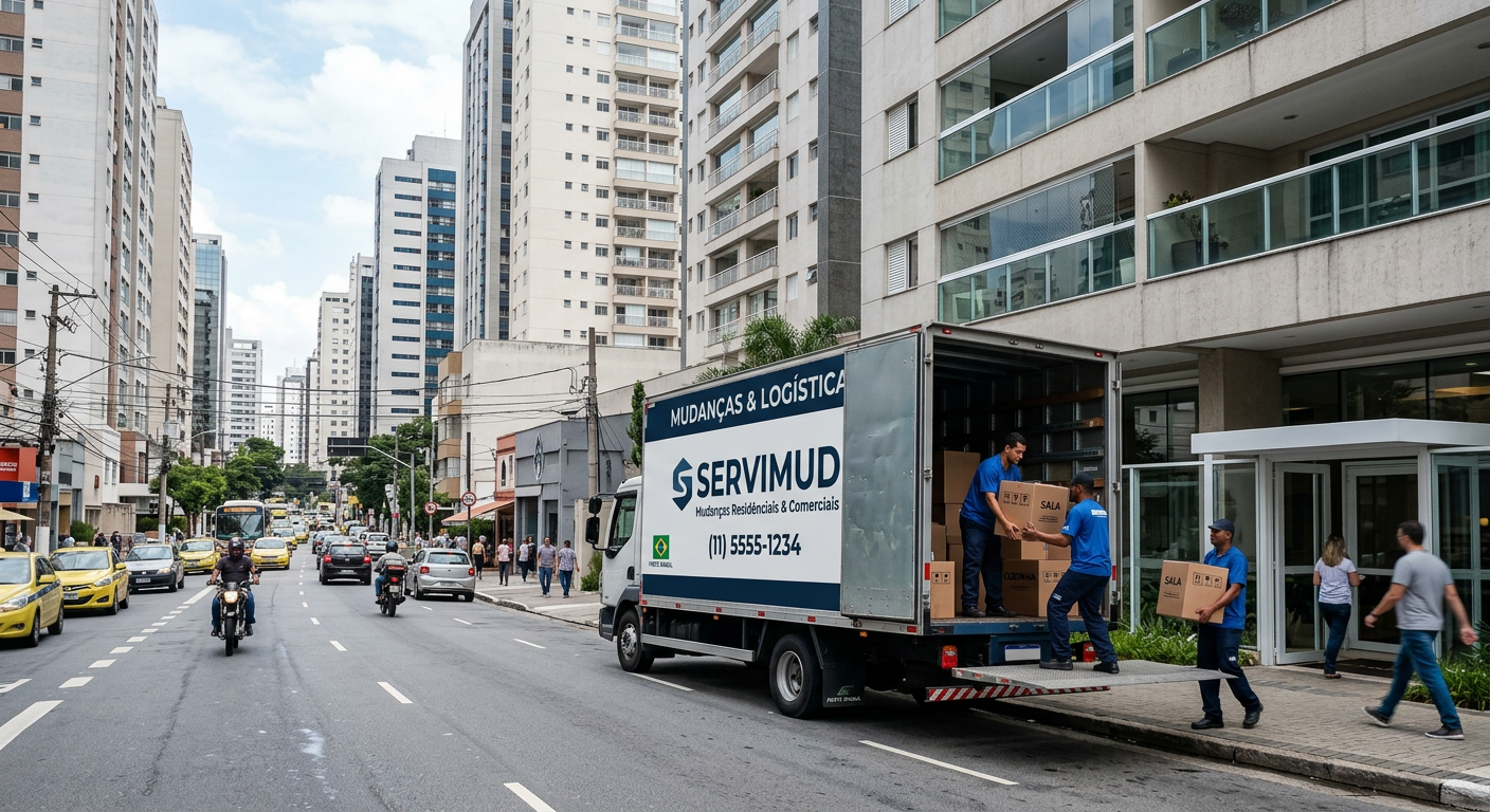 Caminhão de mudança estacionado em rua movimentada com trânsito e prédios altos ao redor