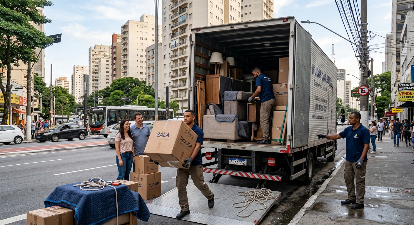Equipe de mudança carregando móveis e caixas em caminhão na movimentada cidade de São Paulo