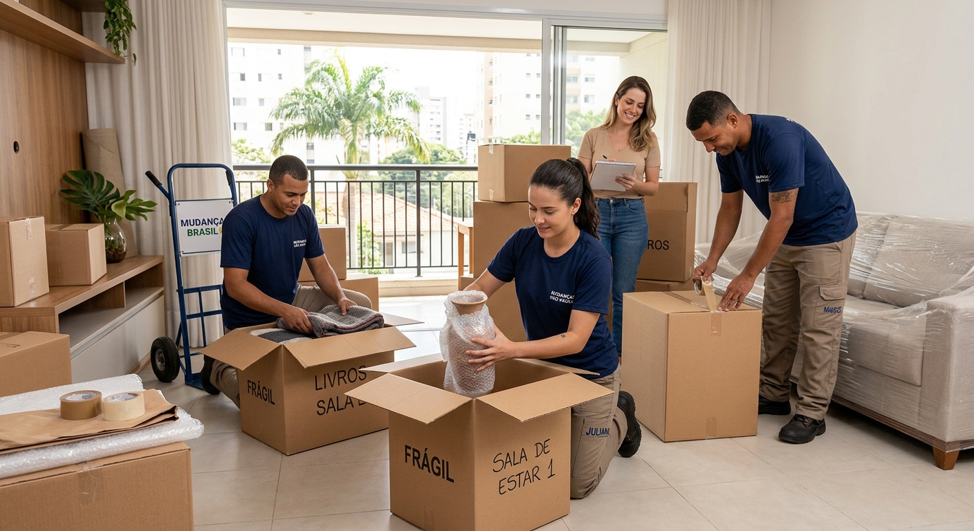 Equipe de mudança confiável embalando com cuidado itens domésticos em caixas em uma sala organizada