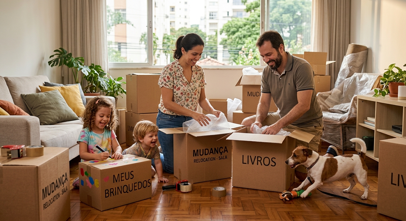 Família feliz organizando caixas para mudança, com crianças pequenas e um cachorro brincando por perto