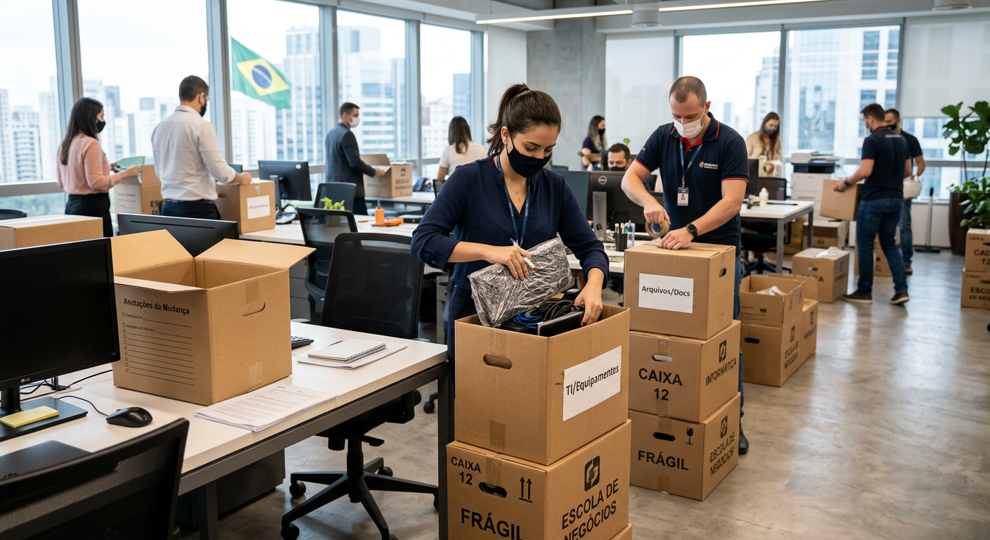 Funcionários organizando equipamentos e documentos para mudança comercial em ambiente de escritório moderno