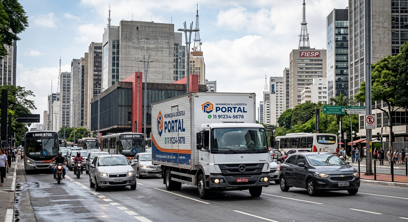 Trânsito intenso em rua de São Paulo com caminhões em ambiente urbano