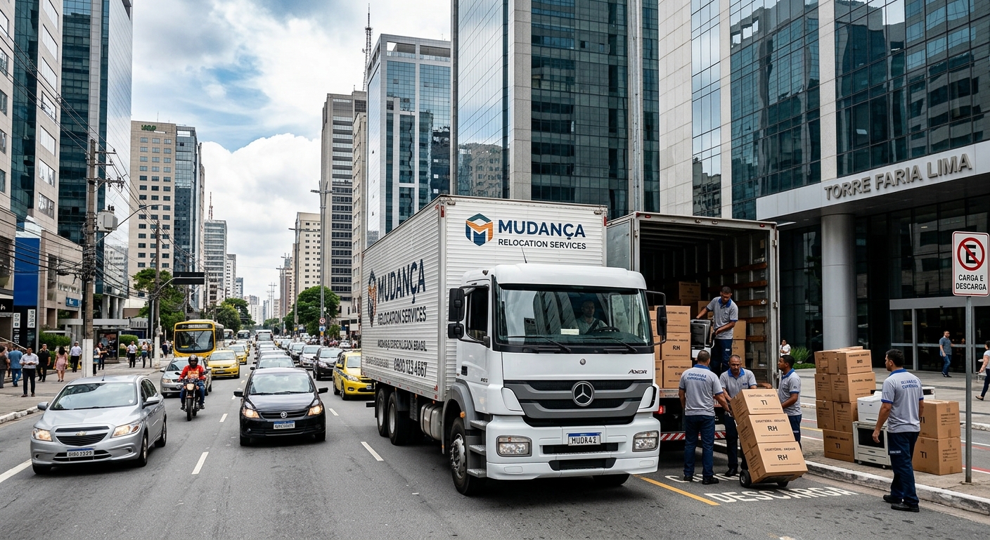 Caminhão de mudança comercial trafegando por ruas movimentadas em área urbana corporativa