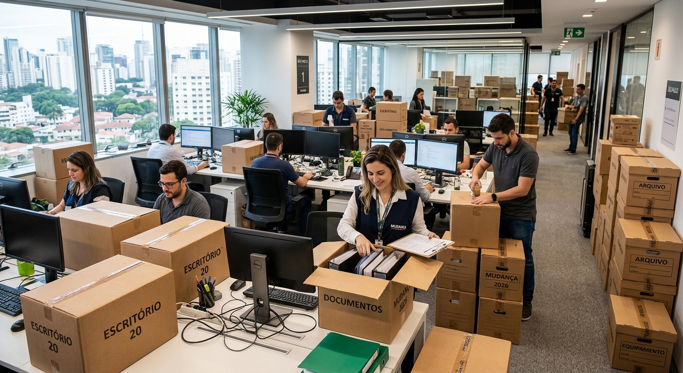 Escritório comercial movimentado com funcionários organizando documentos e computadores durante mudança planejada