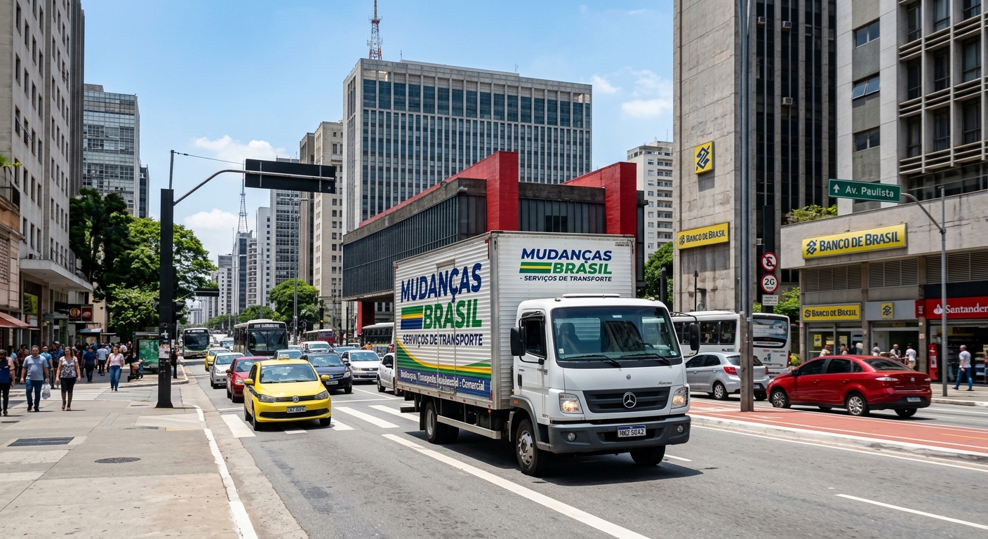 Caminhão de mudança profissional transitando por uma rua movimentada de São Paulo com marcos urbanos visíveis