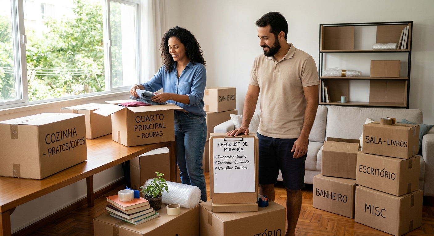 Quarto organizado com caixas etiquetadas, checklist e pessoas triando roupas e objetos