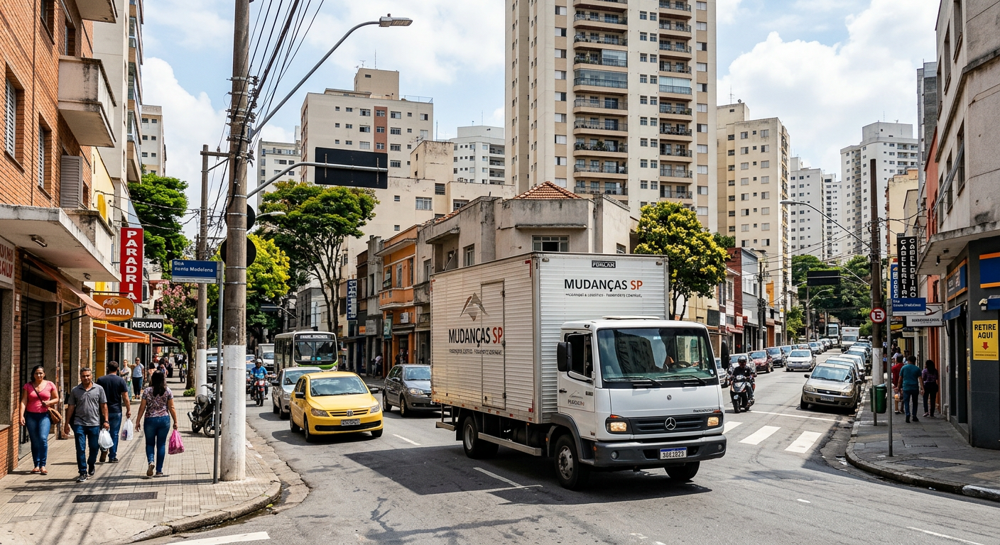 Caminhão de mudança trafegando por bairro movimentado de São Paulo com prédios altos e ruas estreitas