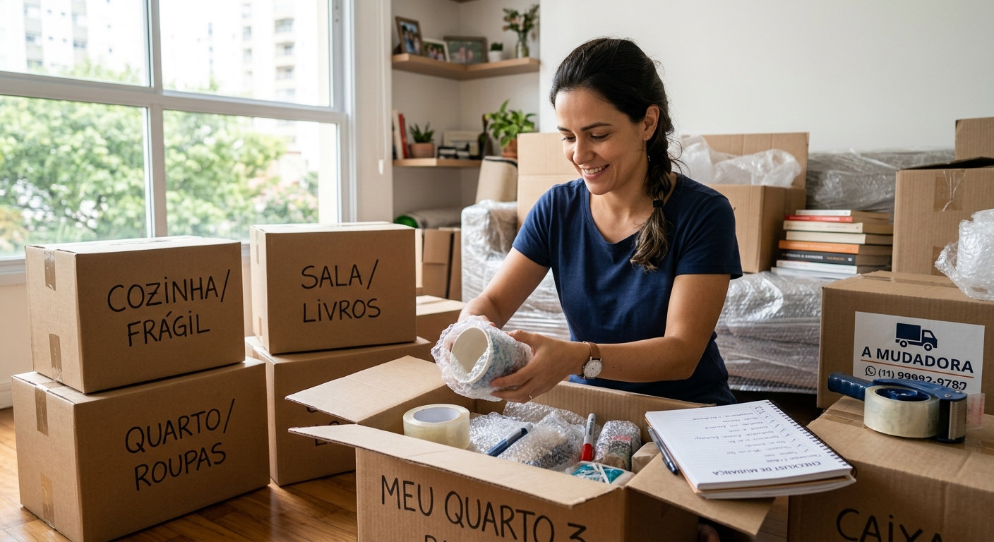 Pessoas embalando caixas para mudança de forma eficiente