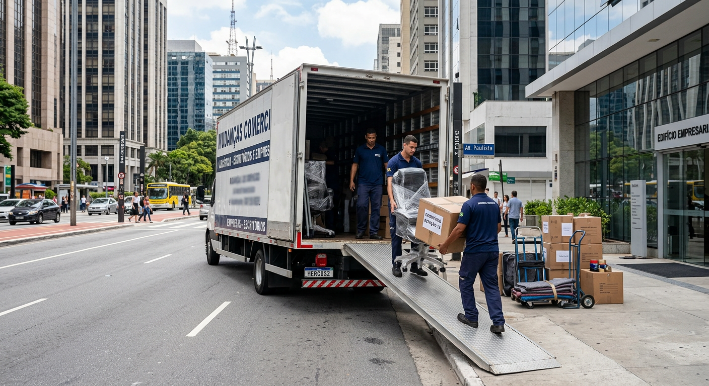 Caminhão de mudança comercial em rua urbana movimentada