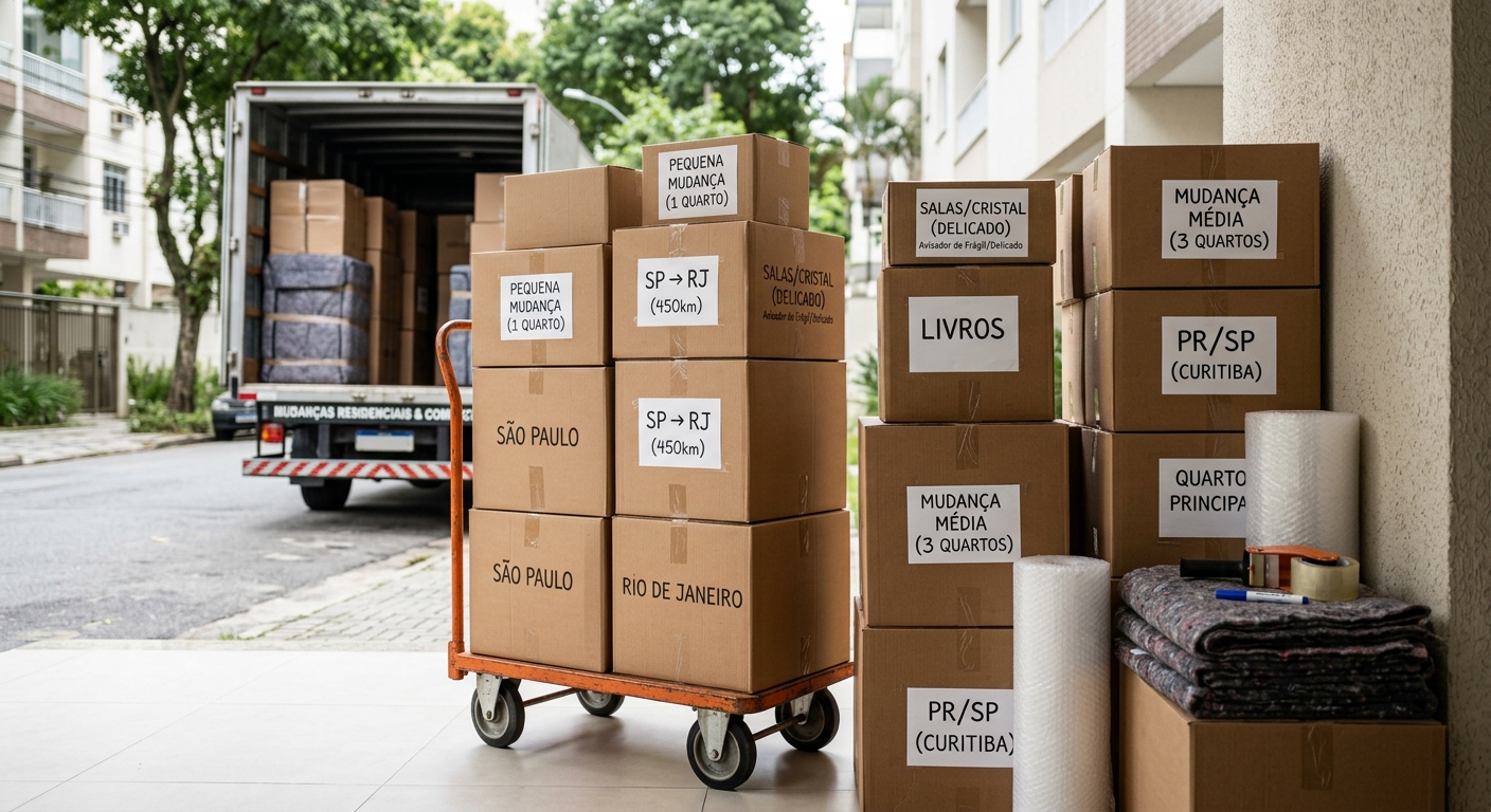 Caixas de mudança empilhadas e etiquetadas prontas para transporte