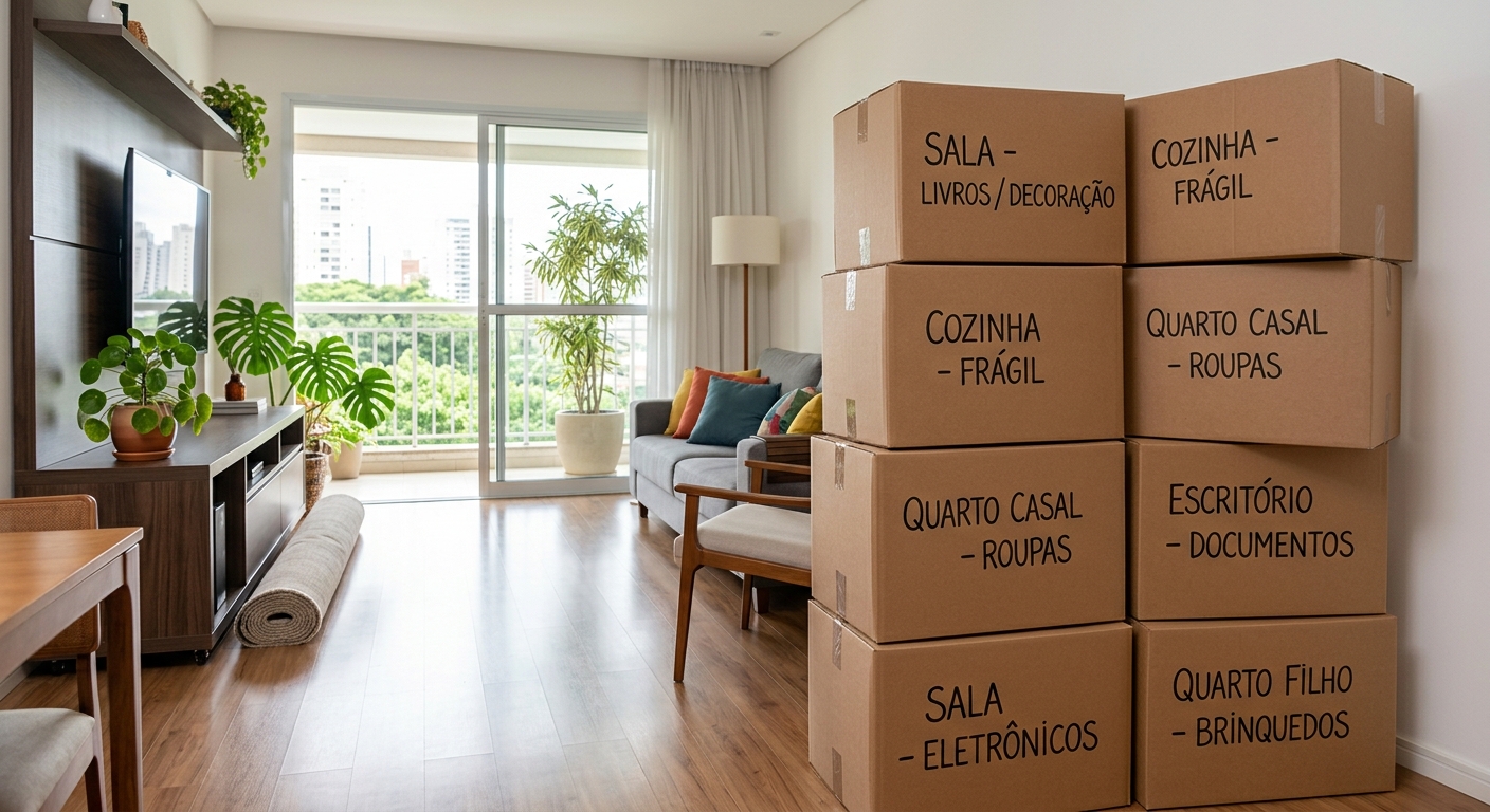 Caixas organizadas e etiquetadas para mudança em uma sala iluminada