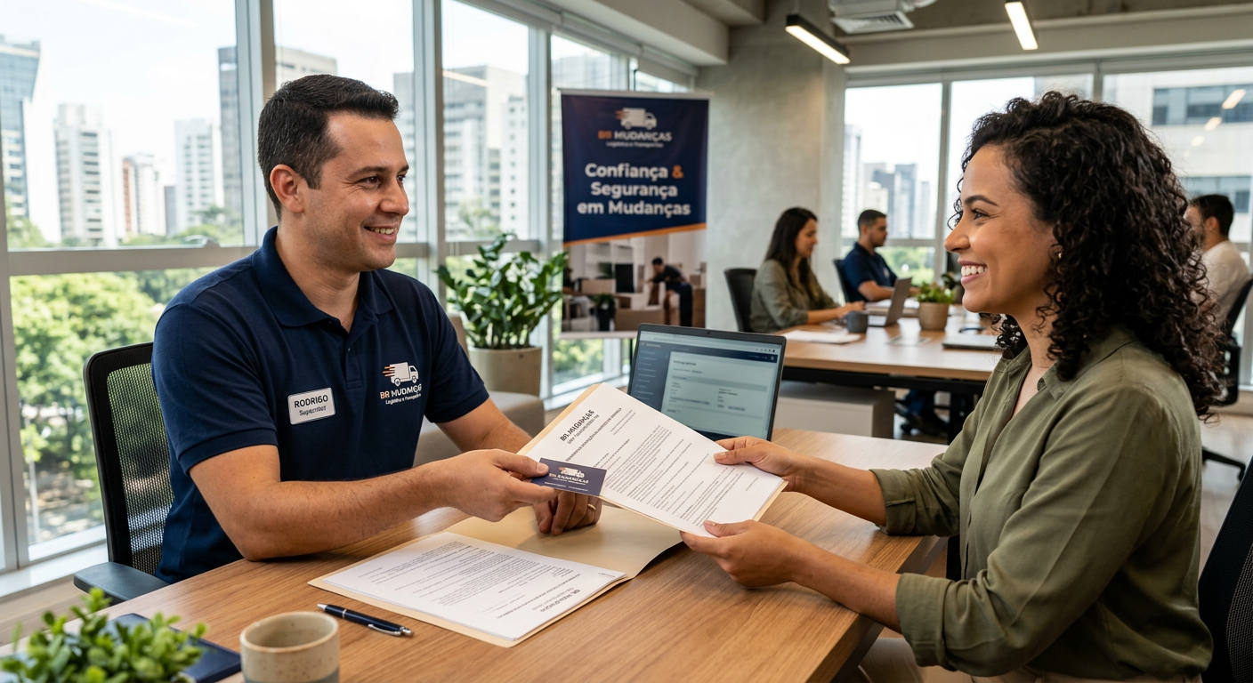 Funcionário de empresa de mudanças confiável entregando documentos oficiais para cliente satisfeito em escritório moderno