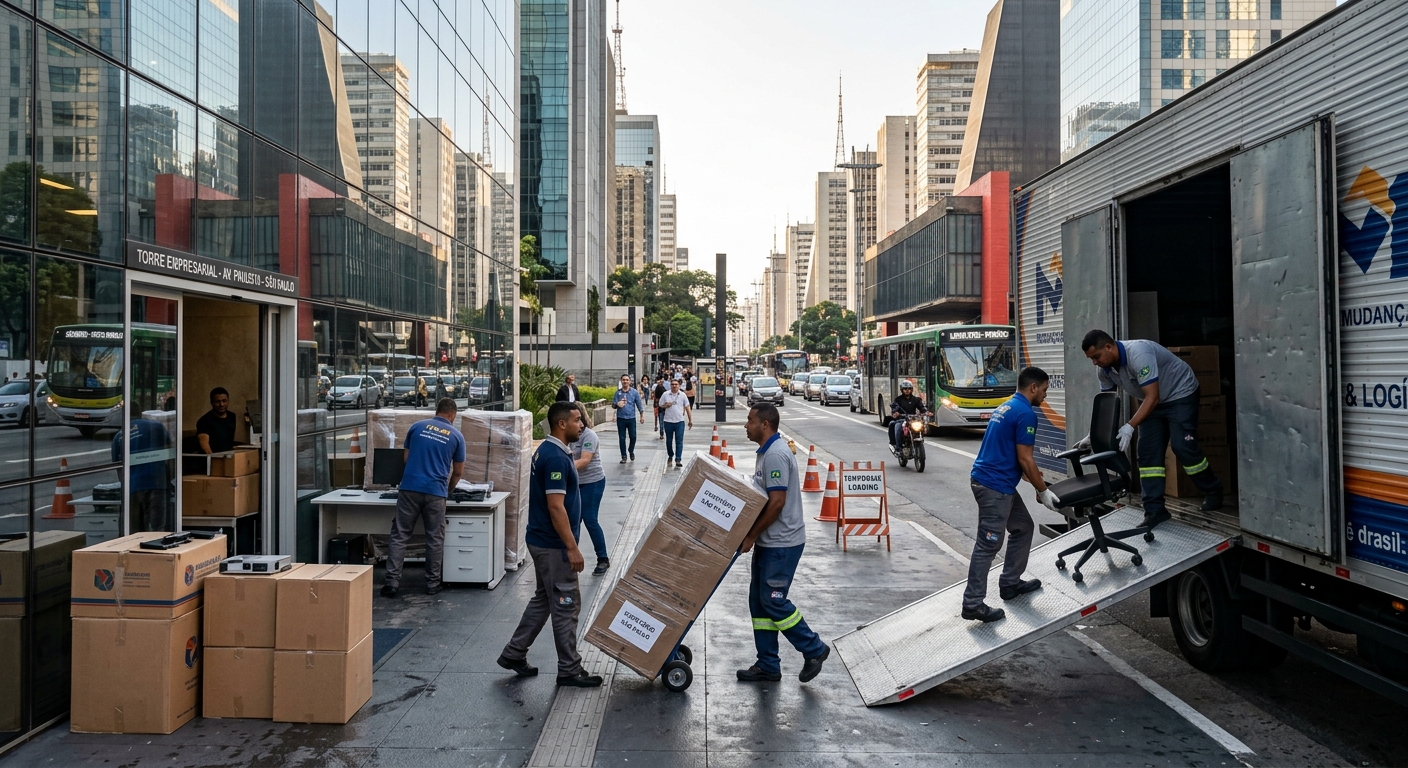 Mudança de escritório em São Paulo com equipe transportando móveis e equipamentos em frente a edifício corporativo moderno