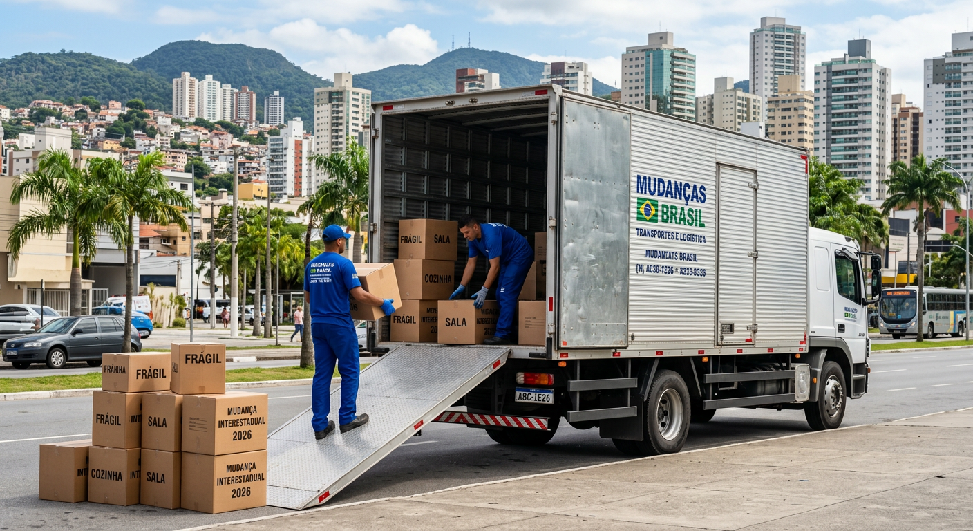 Caminhão de mudança moderna carregando caixas, cenário urbano brasileiro em 2026