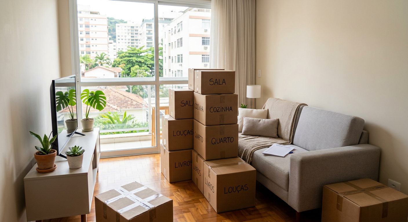 Sala de apartamento pequeno com caixas organizadas e móveis compactos, luz natural