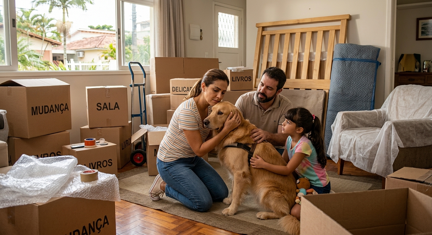 Família preocupada confortando o cão em casa com caixas de mudança e móveis desmontados