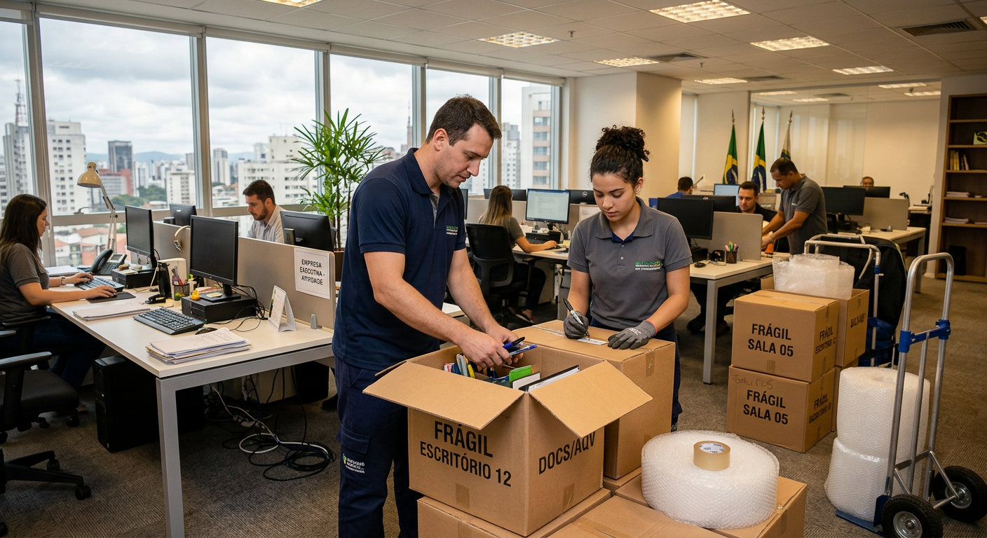 Equipe organizando caixas para mudança de escritório