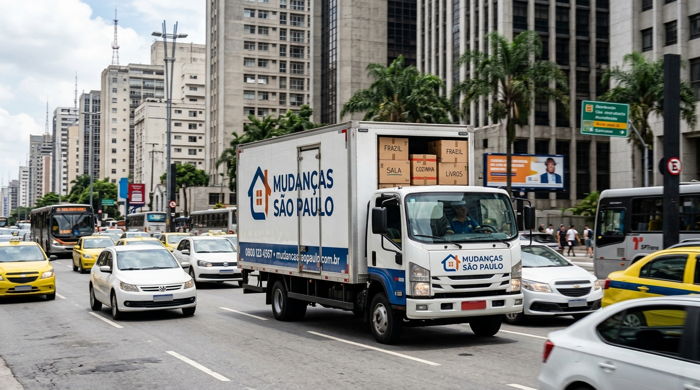 Caminhão de mudança transportando caixas pela movimentada rua de São Paulo