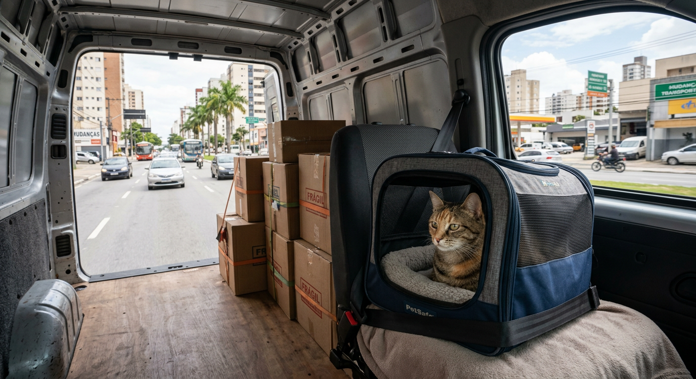 Gato calmo em transportadora dentro de van de mudança com trânsito urbano ao fundo