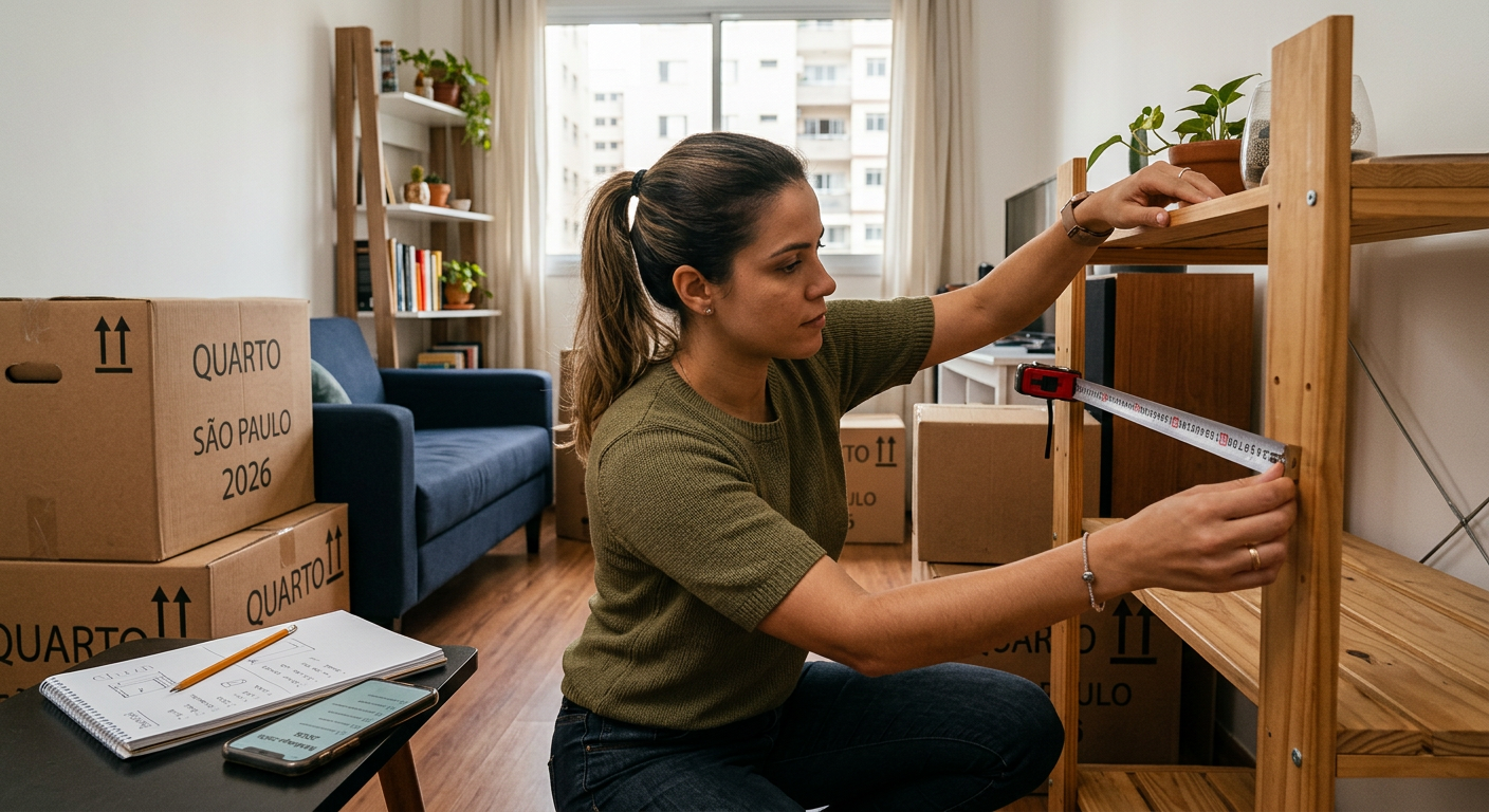 Pessoa medindo móveis em apartamento pequeno, destacando planejamento de espaço