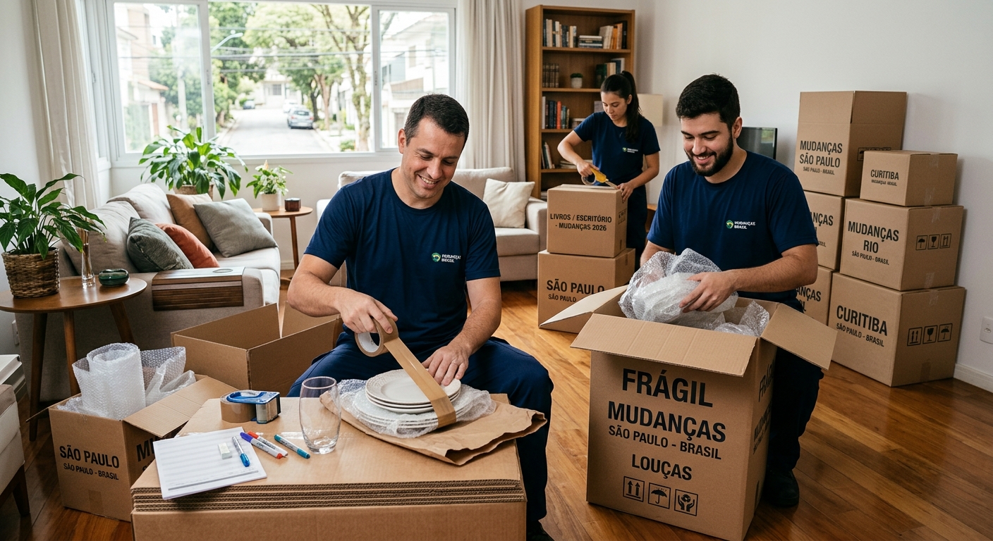 Equipe de mudança profissional embalando itens frágeis com plástico bolha e caixas reforçadas em sala espaçosa