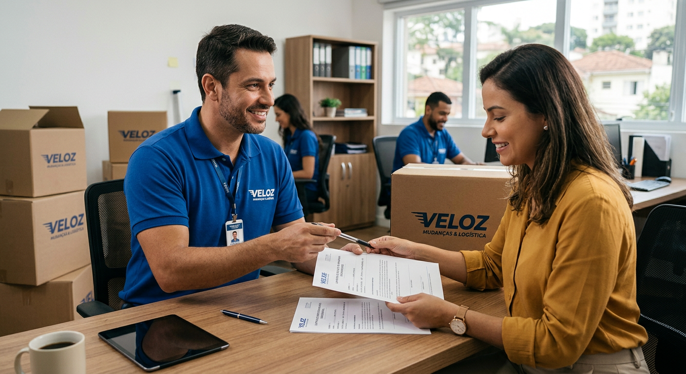 Funcionário de empresa de mudanças entregando contrato ao cliente, ambiente de escritório