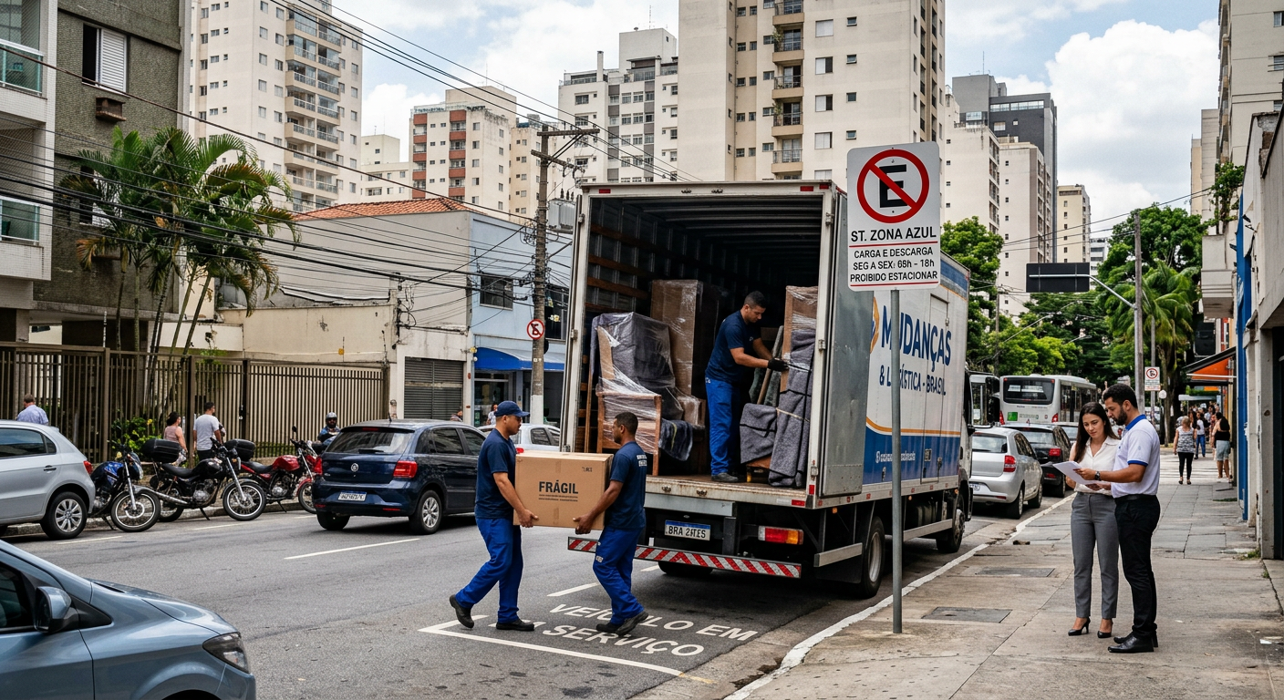 Caminhão de mudança estacionado em rua movimentada próxima a edifícios altos, com sinais de restrição de carga e pessoas organizando a mudança