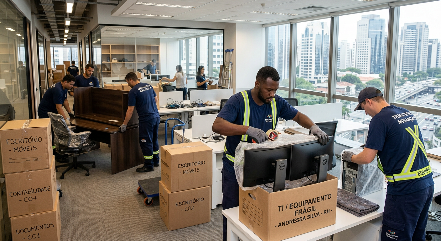 Equipe especializada organizando e embalando equipamentos em um escritório comercial moderno