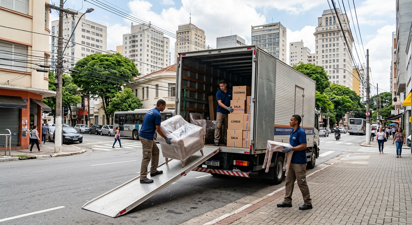 Caminhão de mudança na rua urbana com céu da cidade ao fundo, equipe carregando móveis e caixas com cuidado