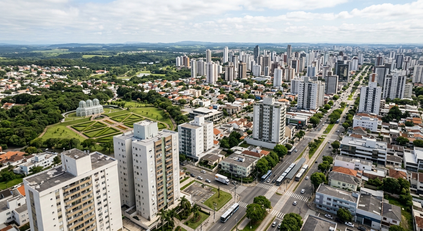 Vista aérea de Curitiba destacando bairros e áreas urbanas