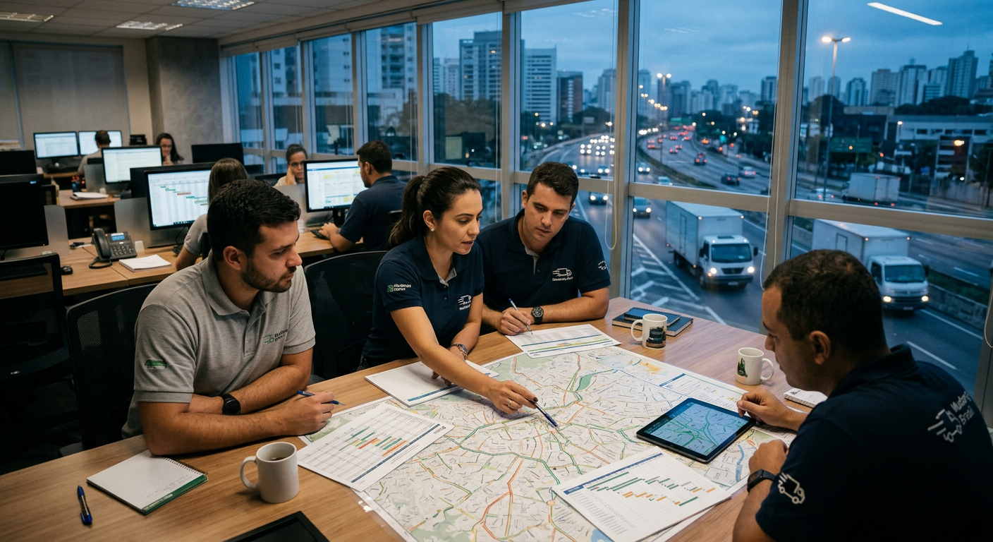 Planejamento logístico com equipe analisando mapas e rotas para mudança em São Paulo