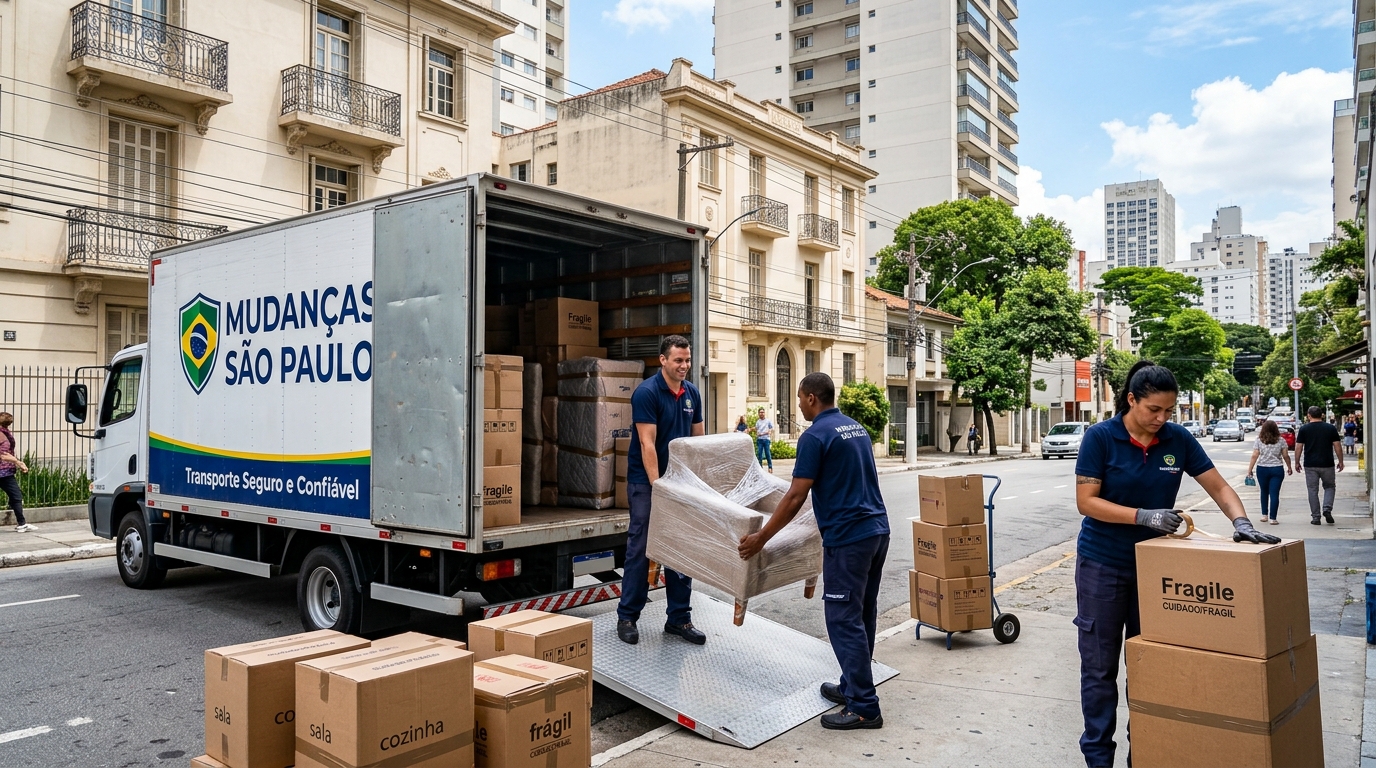 Equipe de mudanças confiável embalando caixas e carregando caminhão em bairro urbano de São Paulo