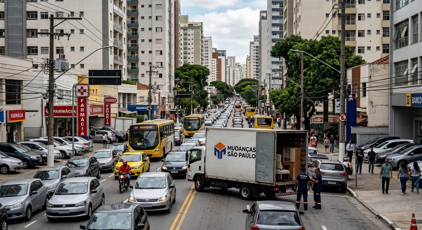 Cidade congestionada com caminhão de mudança enfrentando trânsito e vagas limitadas