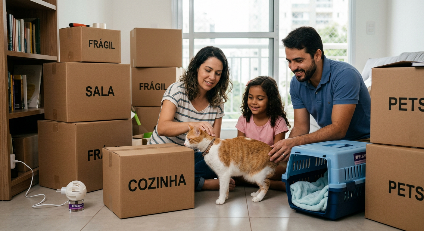 Família cuidando de gato curioso perto de caixas empilhadas durante mudança residencial