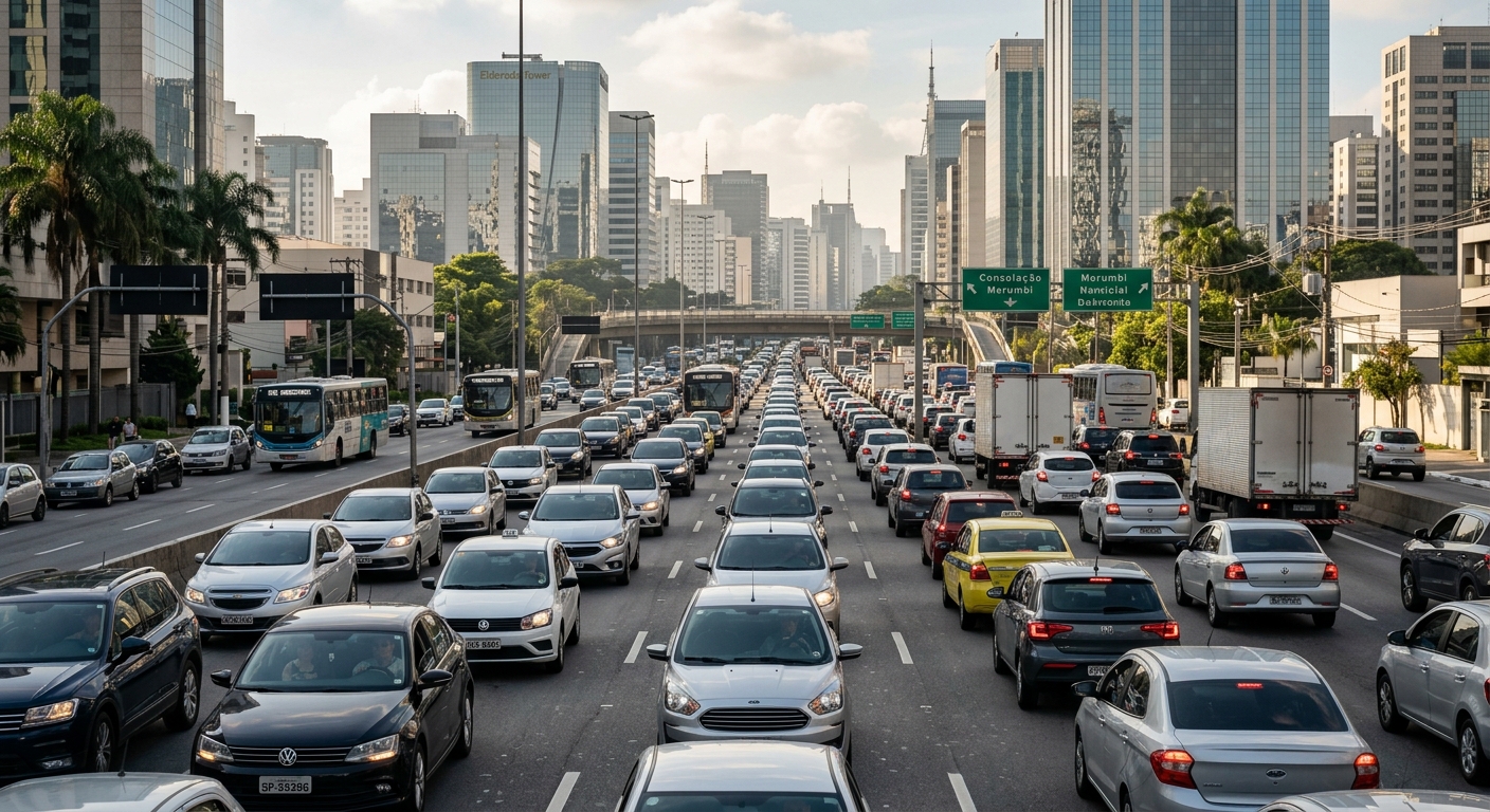 Trânsito intenso em São Paulo, reforçando a importância do planejamento logístico